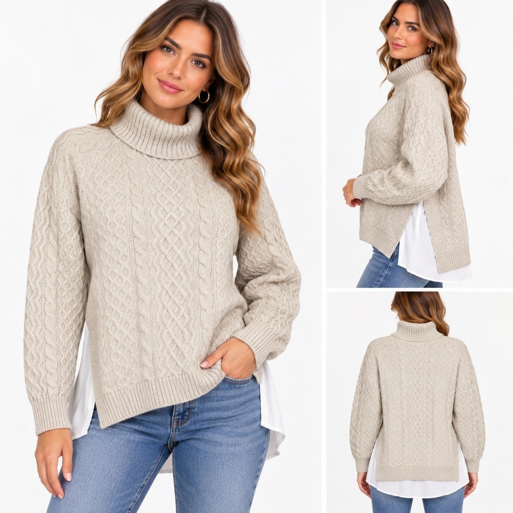 Anthropologie Twofer Cable Knit Turtleneck Sweater Tan Cream Womens M